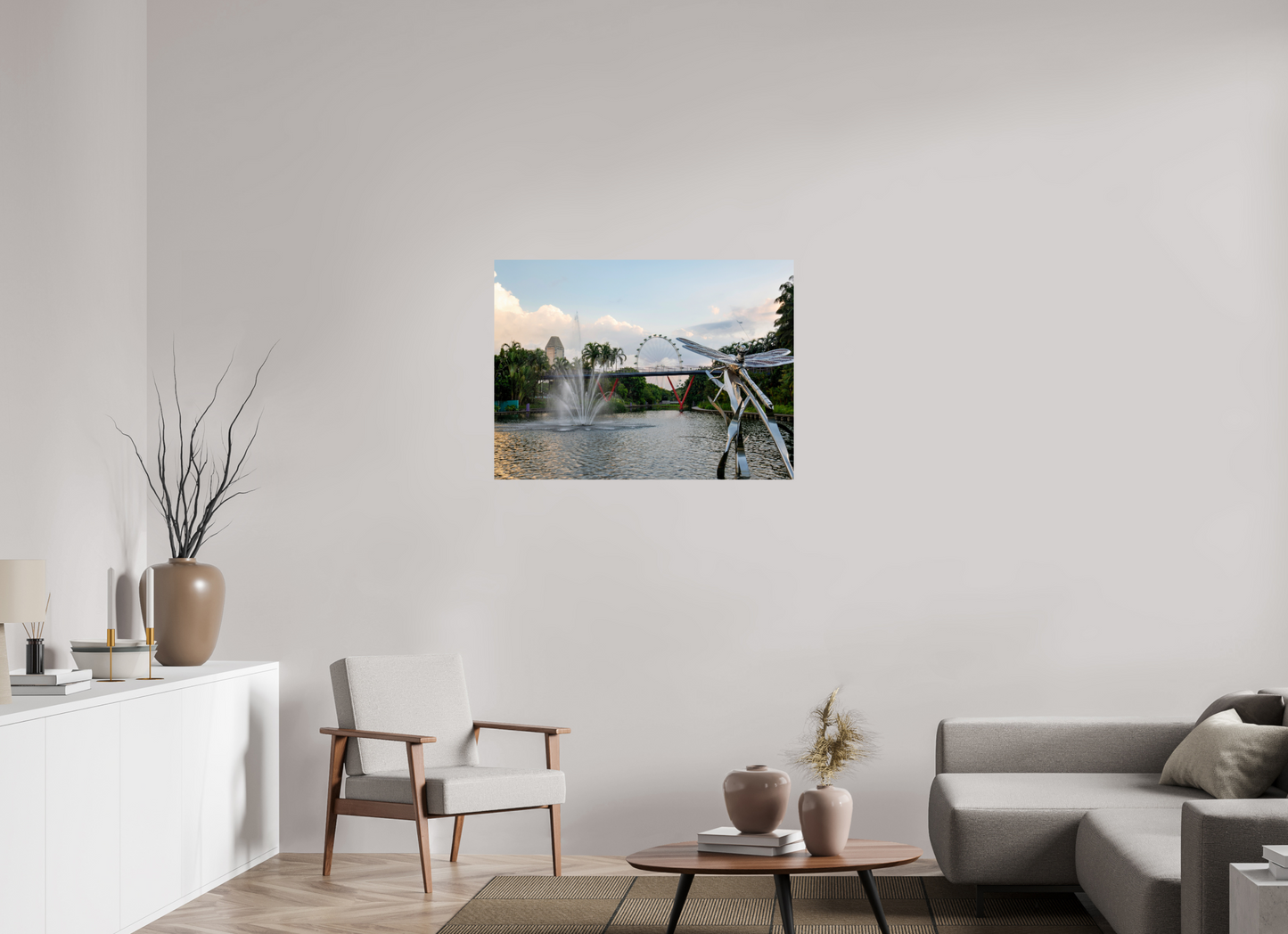 Living room with a large wall-mounted canvas print of a scenic landscape.